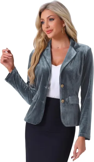 Allegra K Women's Notched Lapel Vintage Office Button Front Velvet Blazer