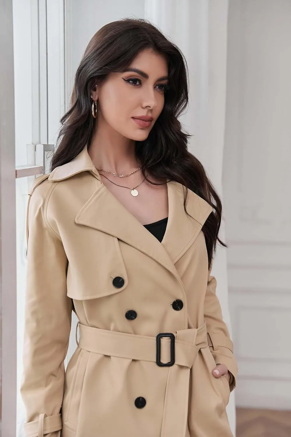 Betusline Women's Double Breasted Short Trench Coat with Belt