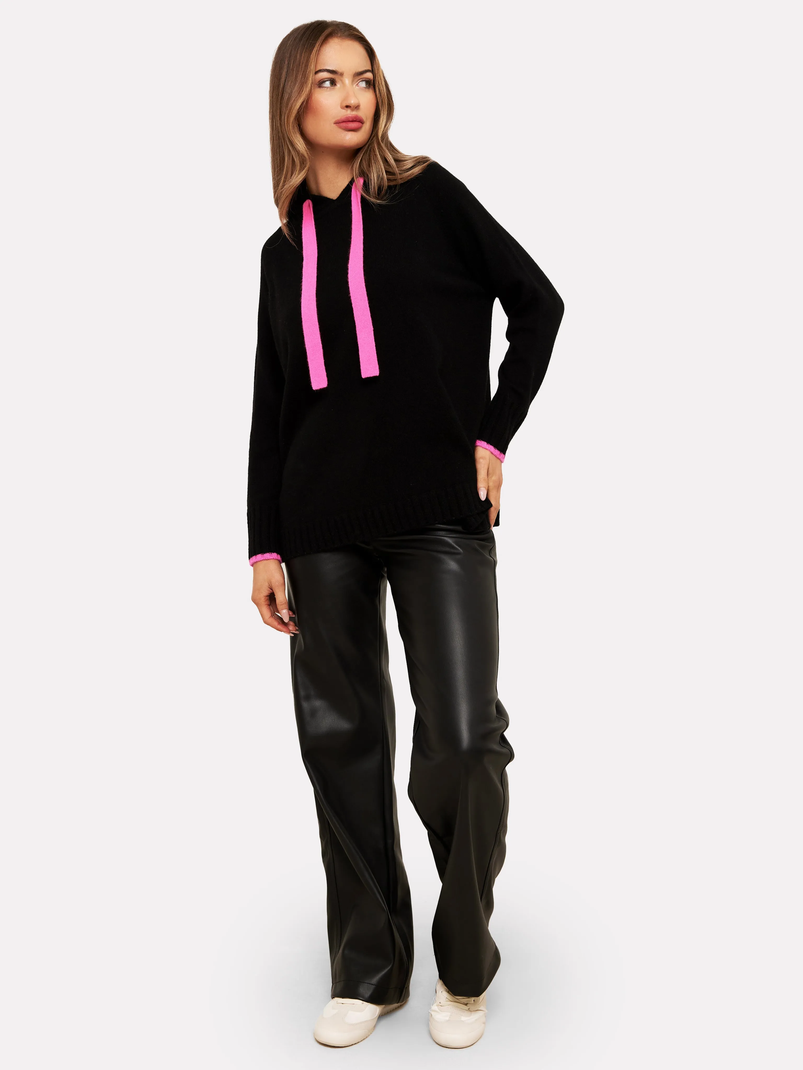 Black and Pink Drawstring Contrast Hoodie