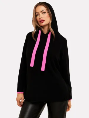 Black and Pink Drawstring Contrast Hoodie