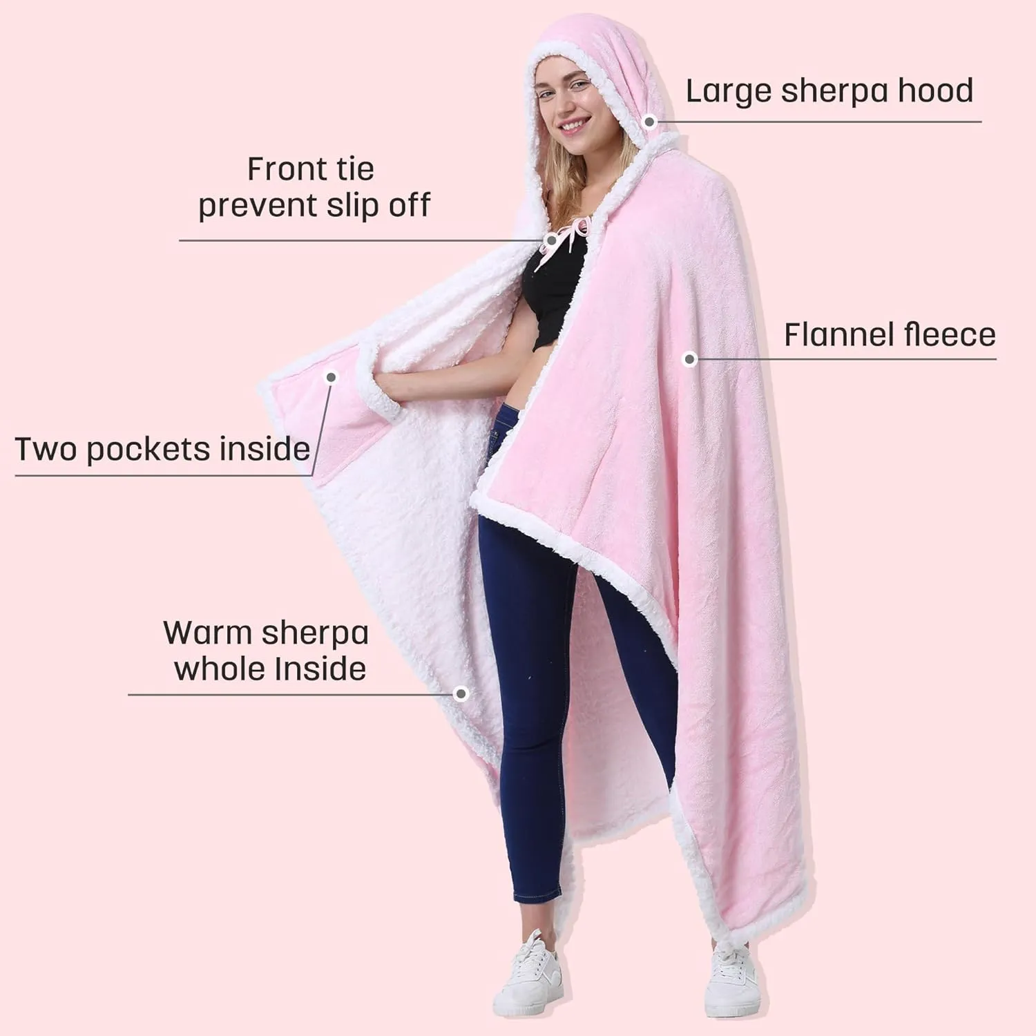 Catalonia Hooded Blanket Poncho | Wearable Blanket Wrap with Hand Pockets | Comfy Sherpa Fleece Throw Cape for Children and Adults, Women Gift