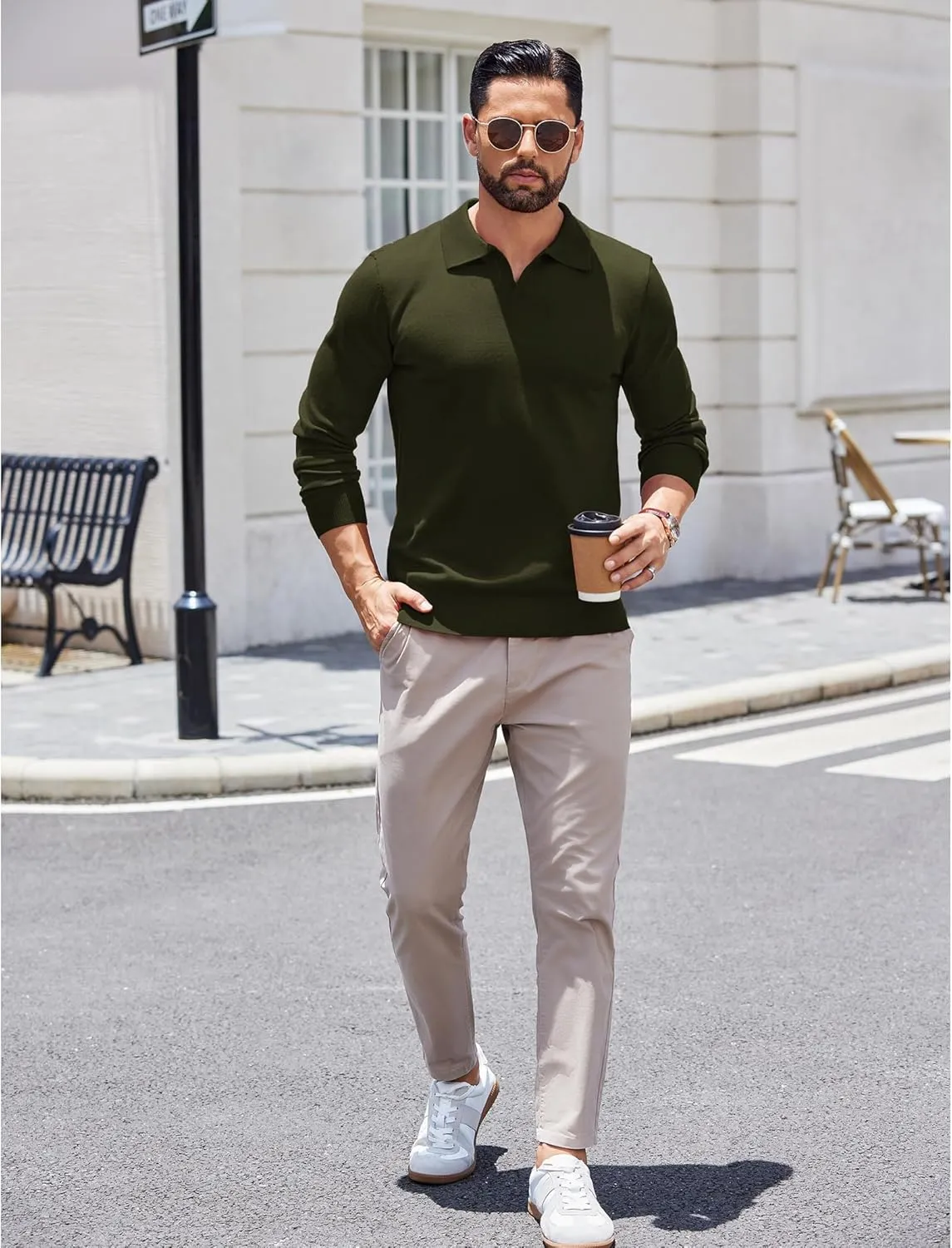 COOFANDY Long Sleeve Polo Shirts for Men Knit Polo Sweater Lightweight Ribbed Pullover Sweater