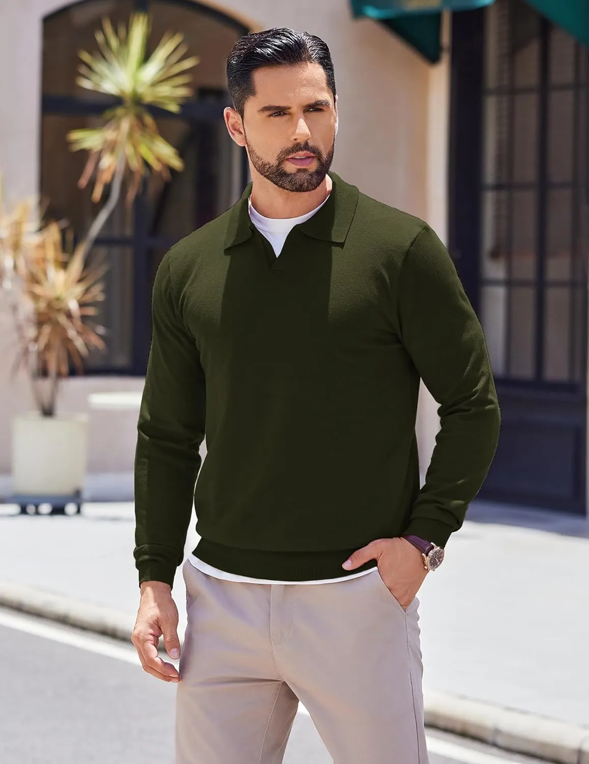 COOFANDY Long Sleeve Polo Shirts for Men Knit Polo Sweater Lightweight Ribbed Pullover Sweater