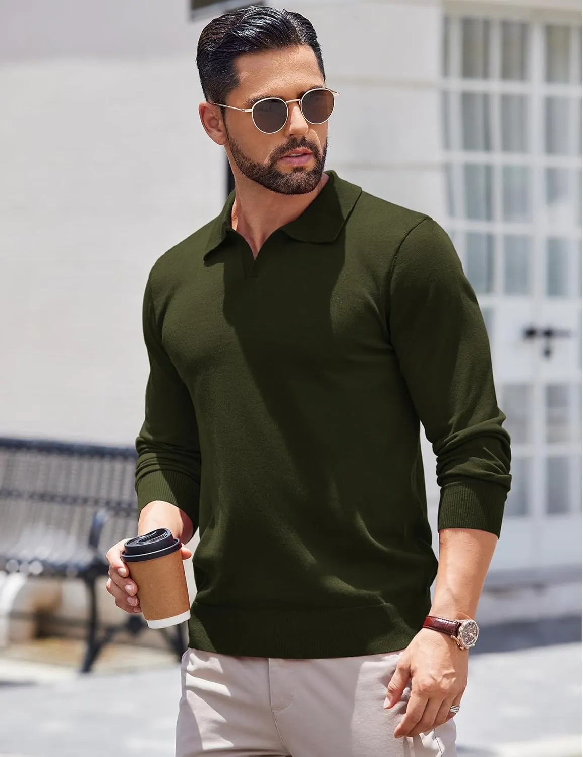 COOFANDY Long Sleeve Polo Shirts for Men Knit Polo Sweater Lightweight Ribbed Pullover Sweater