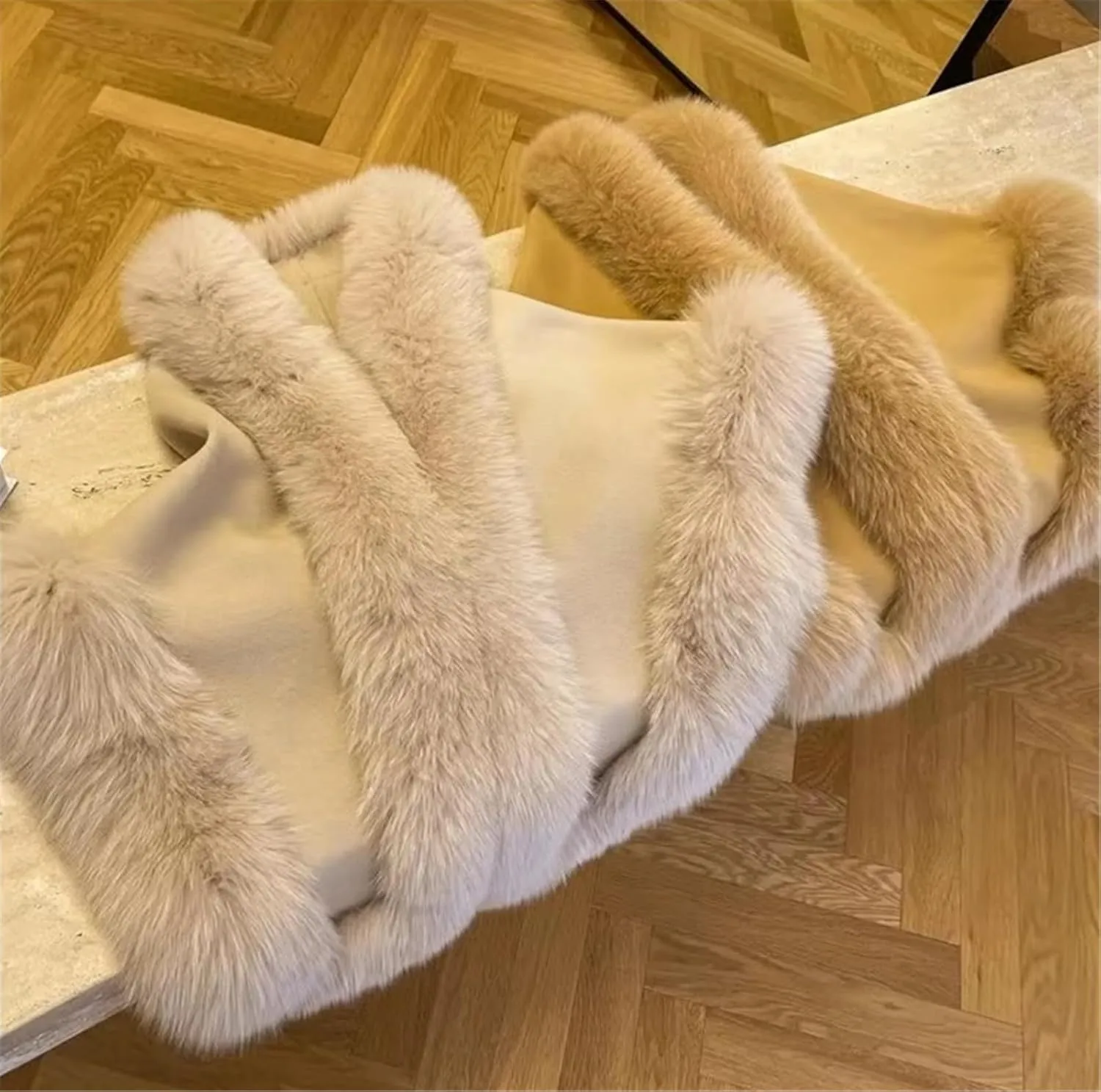 FurinFashion ZE-012 Cashmere Wool Blend Cape For Women Warm Winter Christmas Gift With Buttons Pockets And Real Fox Fur Trimmed Shawl Wrap Big Fluffy Fur Over Coat Bat Poncho (Custom Size, Camel)