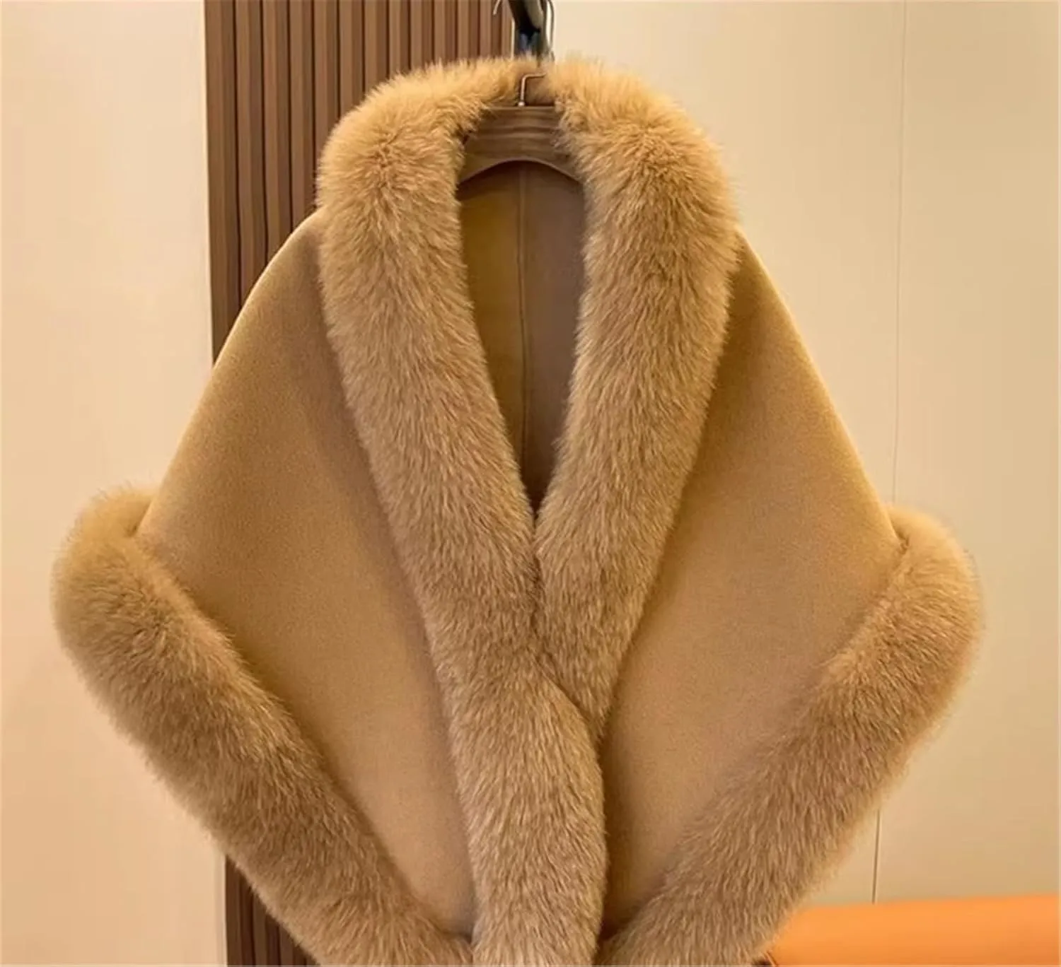 FurinFashion ZE-012 Cashmere Wool Blend Cape For Women Warm Winter Christmas Gift With Buttons Pockets And Real Fox Fur Trimmed Shawl Wrap Big Fluffy Fur Over Coat Bat Poncho (Custom Size, Camel)