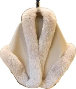 FurinFashion ZE-012 Cashmere Wool Blend Cape For Women Warm Winter Christmas Gift With Buttons Pockets And Real Fox Fur Trimmed Shawl Wrap Big Fluffy Fur Over Coat Bat Poncho (Custom Size, Camel)