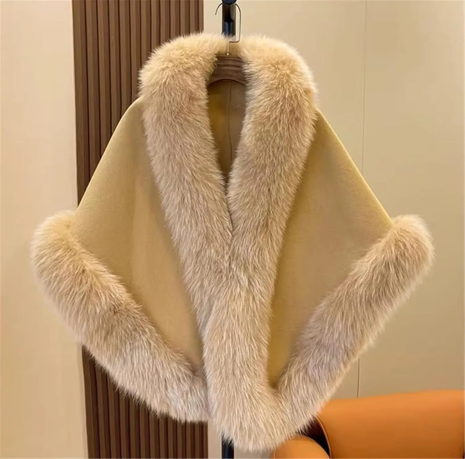 FurinFashion ZE-012 Cashmere Wool Blend Cape For Women Warm Winter Christmas Gift With Buttons Pockets And Real Fox Fur Trimmed Shawl Wrap Big Fluffy Fur Over Coat Bat Poncho (Custom Size, Camel)