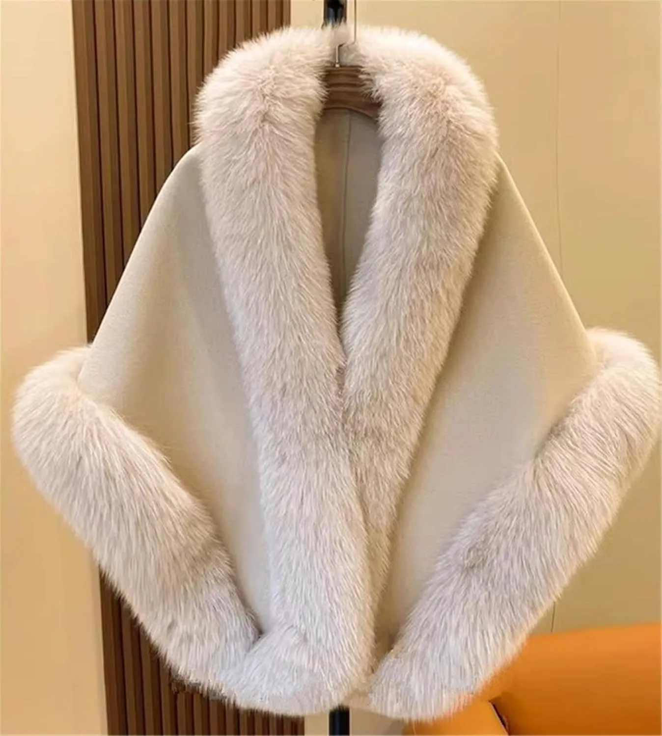 FurinFashion ZE-012 Cashmere Wool Blend Cape For Women Warm Winter Christmas Gift With Buttons Pockets And Real Fox Fur Trimmed Shawl Wrap Big Fluffy Fur Over Coat Bat Poncho (Custom Size, Camel)