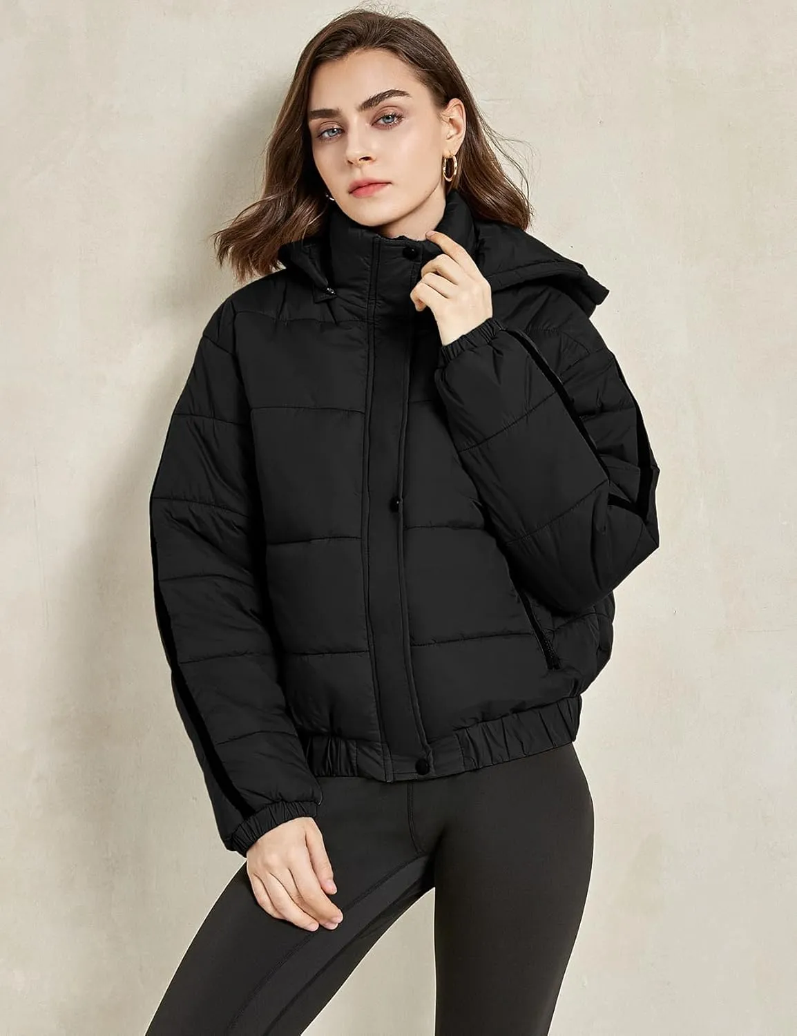Gihuo Women's Cropped Puffer Jacket Hooded Zip Up Stand Collar Padded Coat Winter Quilted Jackets Outerwear