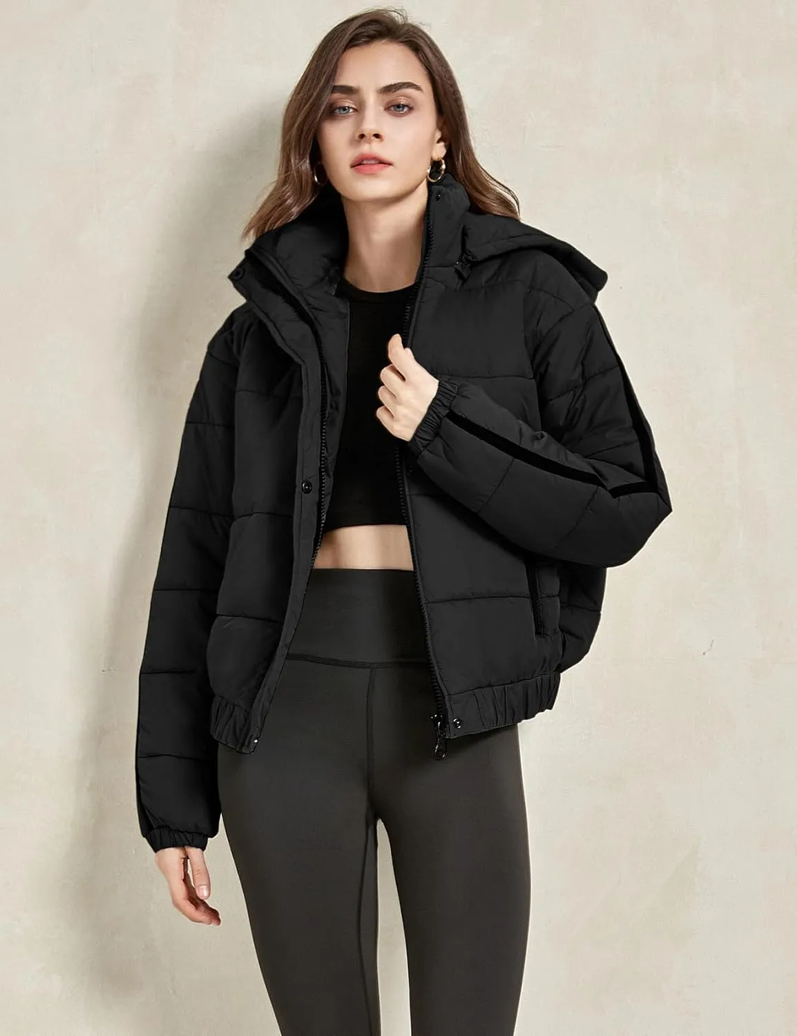 Gihuo Women's Cropped Puffer Jacket Hooded Zip Up Stand Collar Padded Coat Winter Quilted Jackets Outerwear