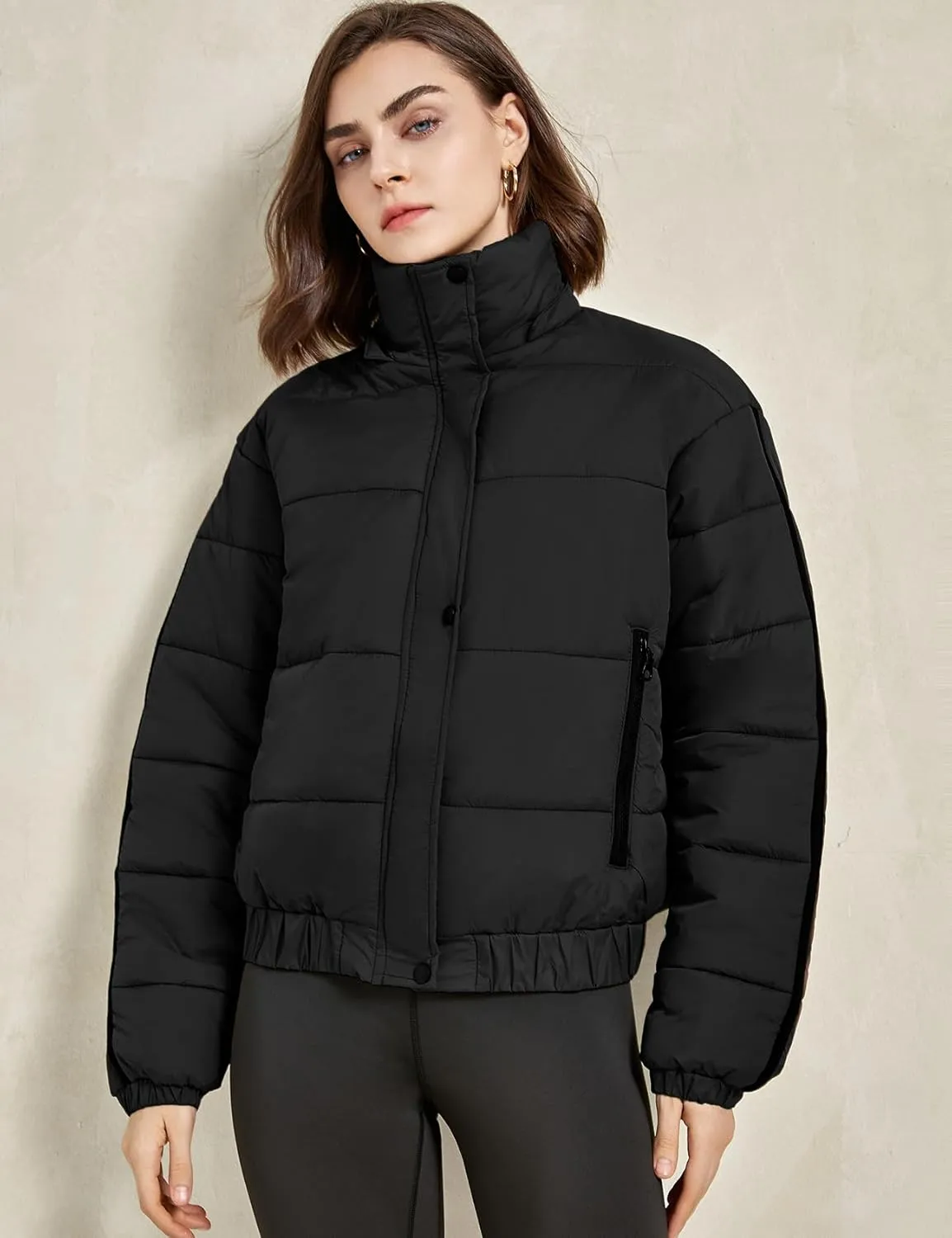 Gihuo Women's Cropped Puffer Jacket Hooded Zip Up Stand Collar Padded Coat Winter Quilted Jackets Outerwear