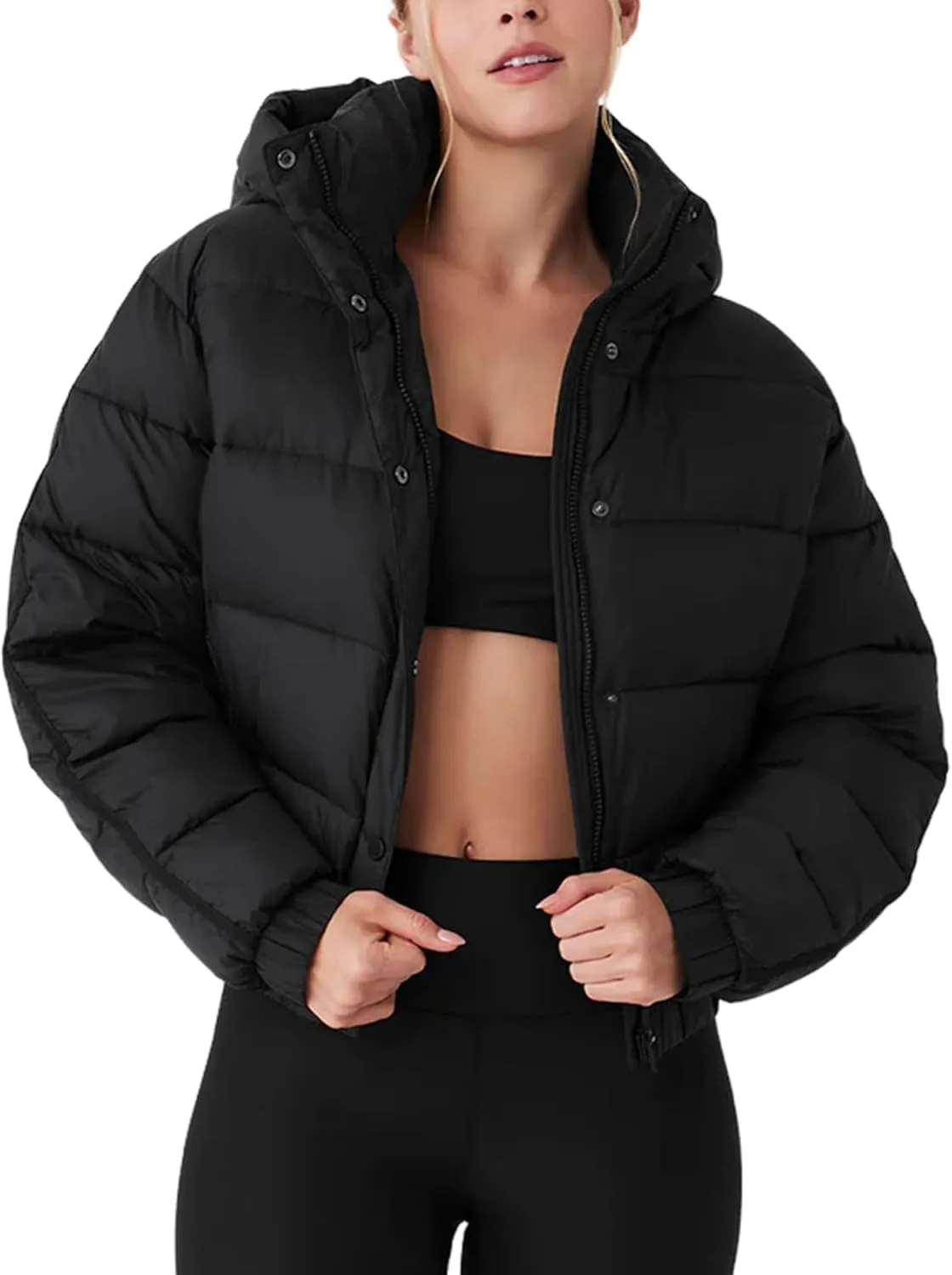 Gihuo Women's Cropped Puffer Jacket Hooded Zip Up Stand Collar Padded Coat Winter Quilted Jackets Outerwear