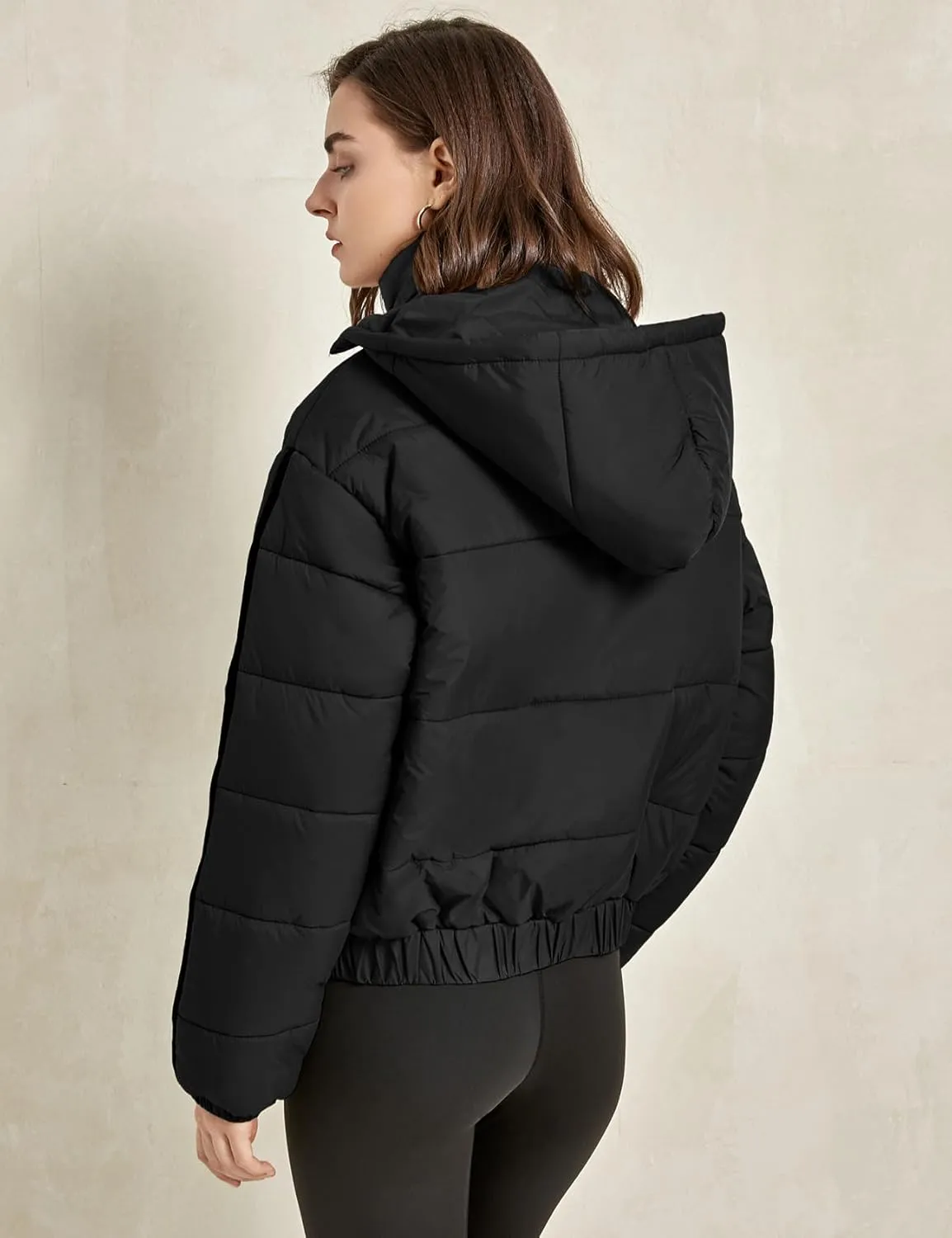 Gihuo Women's Cropped Puffer Jacket Hooded Zip Up Stand Collar Padded Coat Winter Quilted Jackets Outerwear