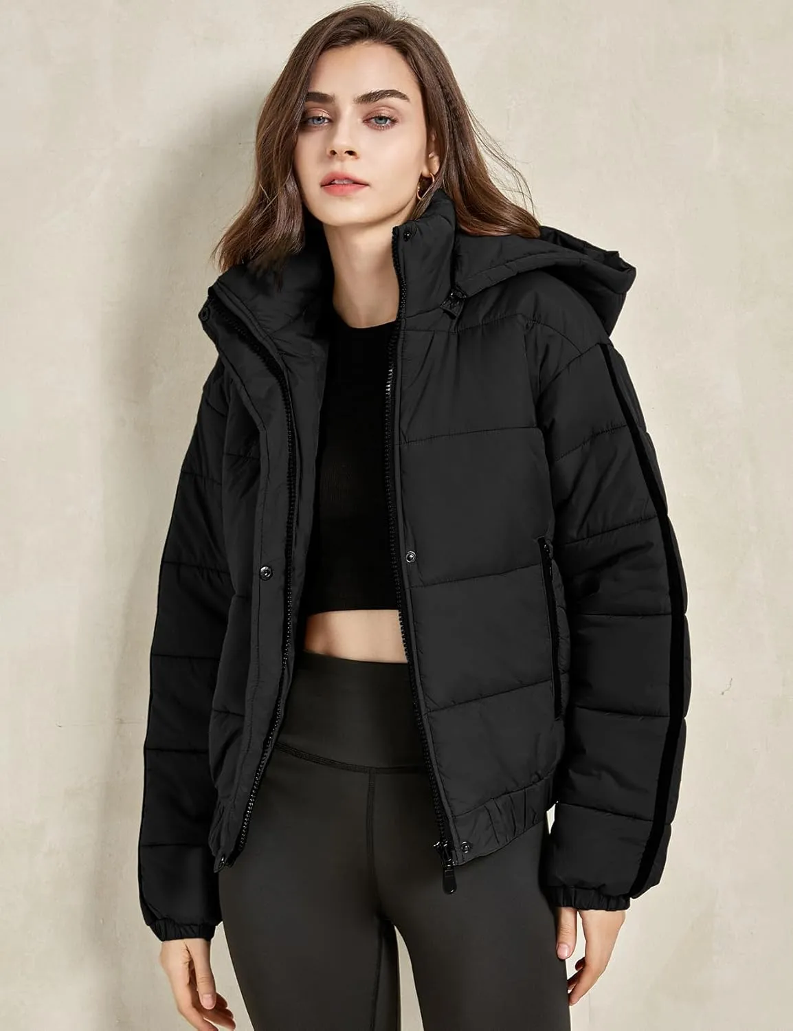 Gihuo Women's Cropped Puffer Jacket Hooded Zip Up Stand Collar Padded Coat Winter Quilted Jackets Outerwear