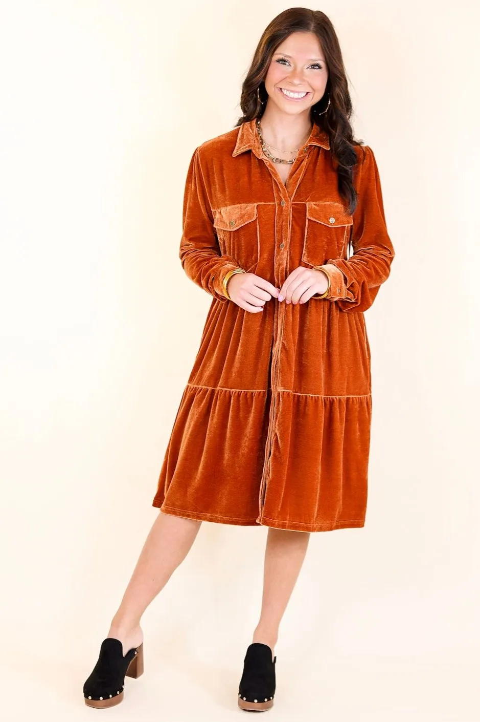 Grateful Gathering Velvet Button Up Dress with Long Sleeves in Burnt Orange
