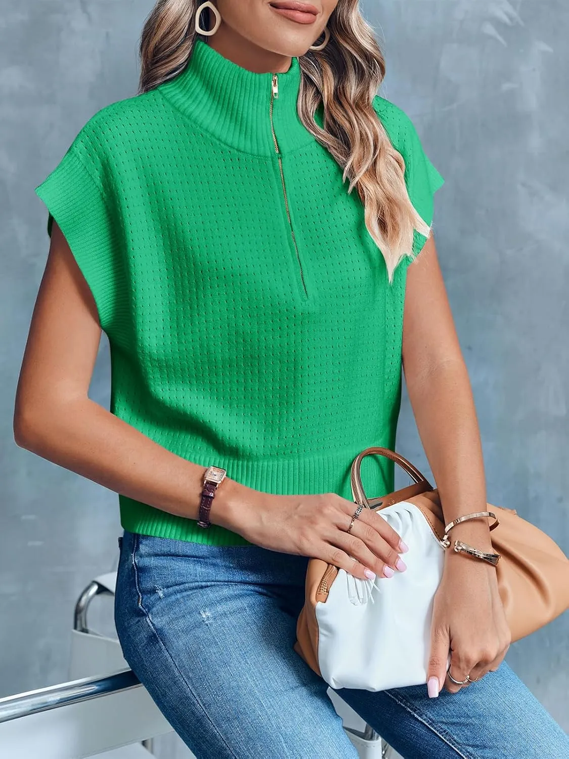 Langwyqu Womens Short Sleeve Cropped Knit Tops Half Zip Cap Sleeve Lightweight Oversized Sweater Vest