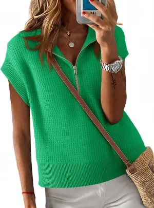 Langwyqu Womens Short Sleeve Cropped Knit Tops Half Zip Cap Sleeve Lightweight Oversized Sweater Vest