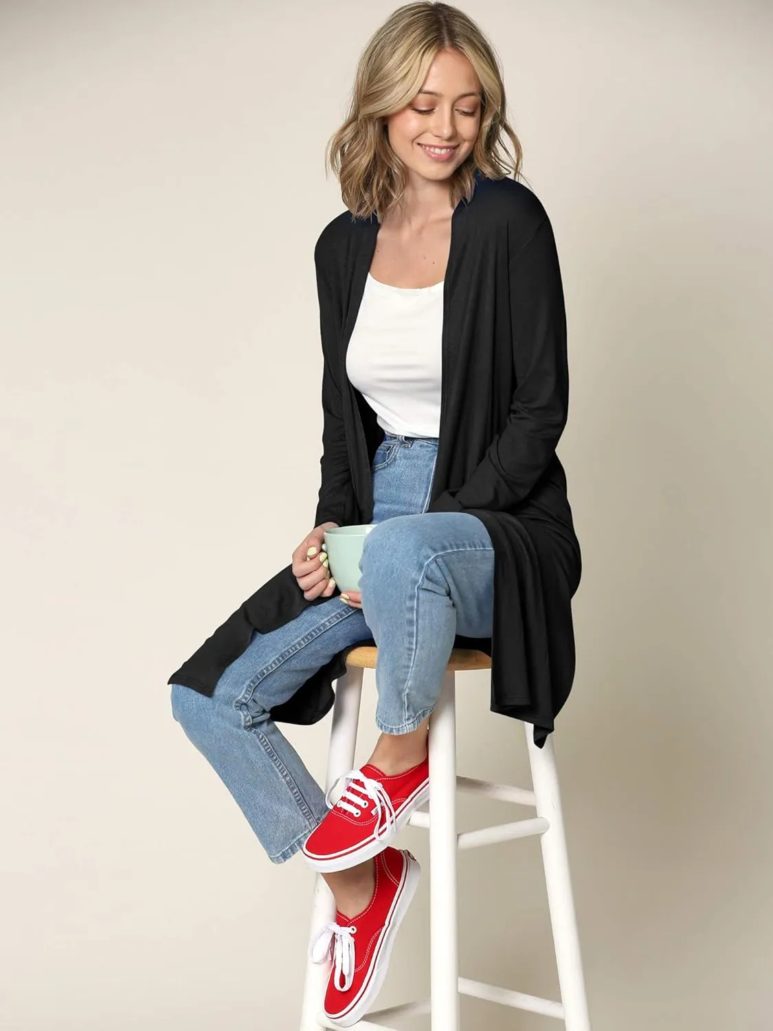 Lock and Love Women's Long Cardigan  Fall Casual Draped Open Front Lightweight Duster with Long Sleeves