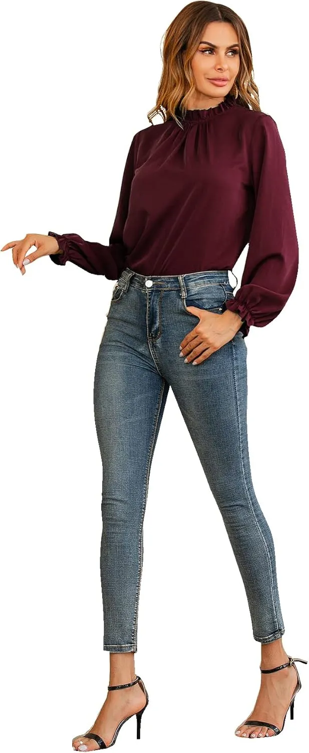 LYANER Women's Frill Mock Neck Flounce Long Sleeve Solid Blouse Office Shirt Top