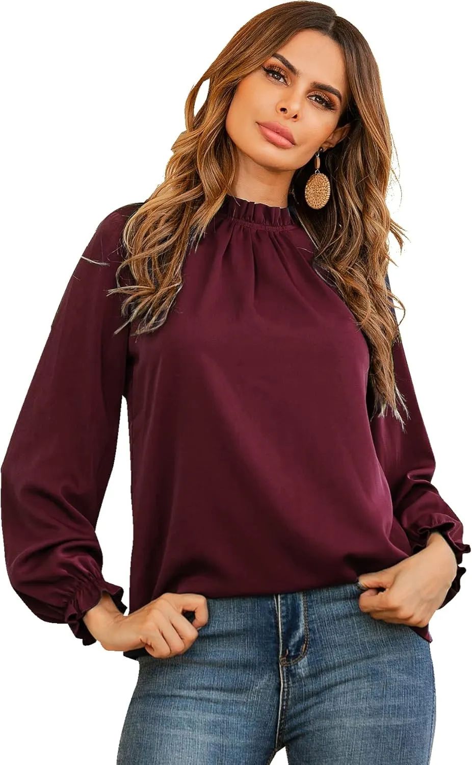 LYANER Women's Frill Mock Neck Flounce Long Sleeve Solid Blouse Office Shirt Top