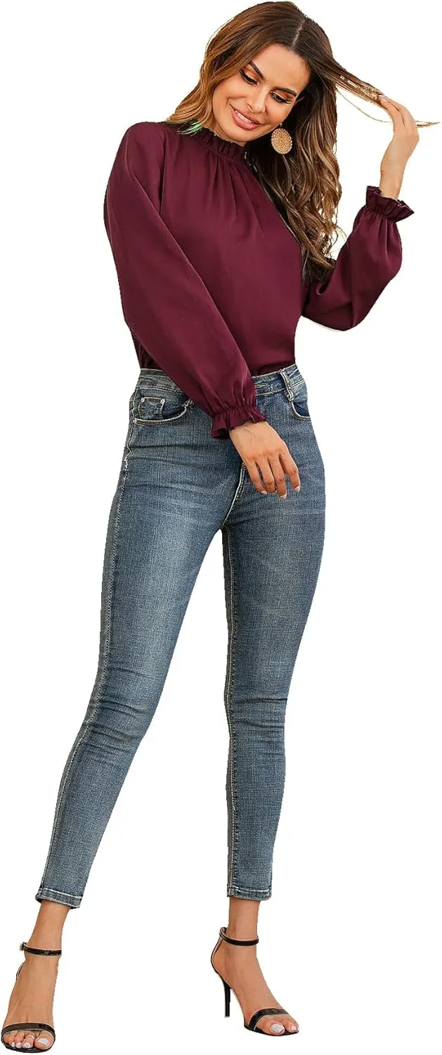 LYANER Women's Frill Mock Neck Flounce Long Sleeve Solid Blouse Office Shirt Top