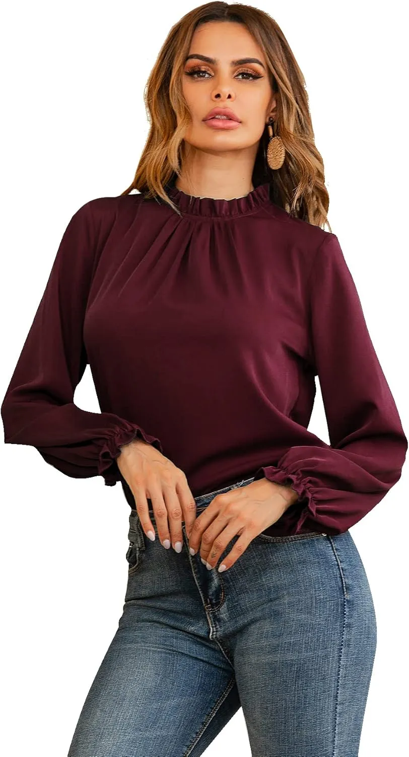 LYANER Women's Frill Mock Neck Flounce Long Sleeve Solid Blouse Office Shirt Top