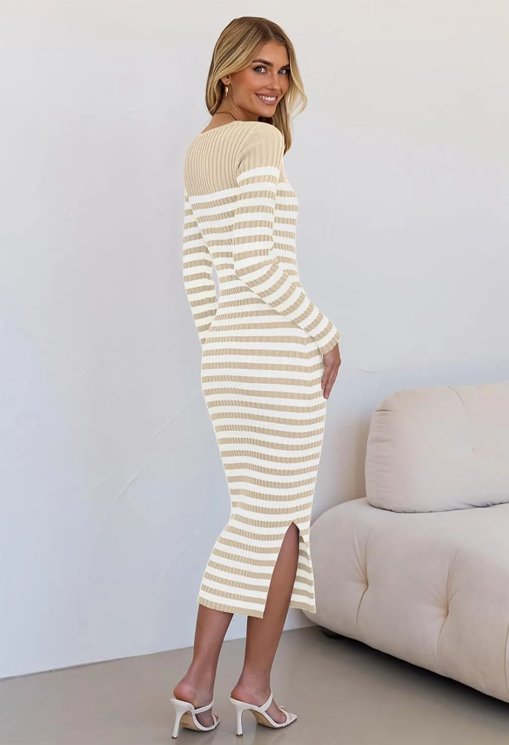 MEROKEETY Women's Fall Long Sleeve Striped Sweater Dress Bodycon Square Neck Ribbed Knit Slit Midi Dresses