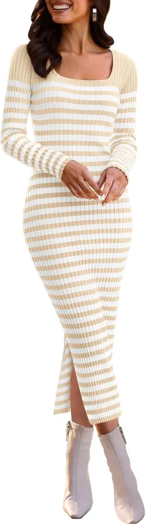 MEROKEETY Women's Fall Long Sleeve Striped Sweater Dress Bodycon Square Neck Ribbed Knit Slit Midi Dresses