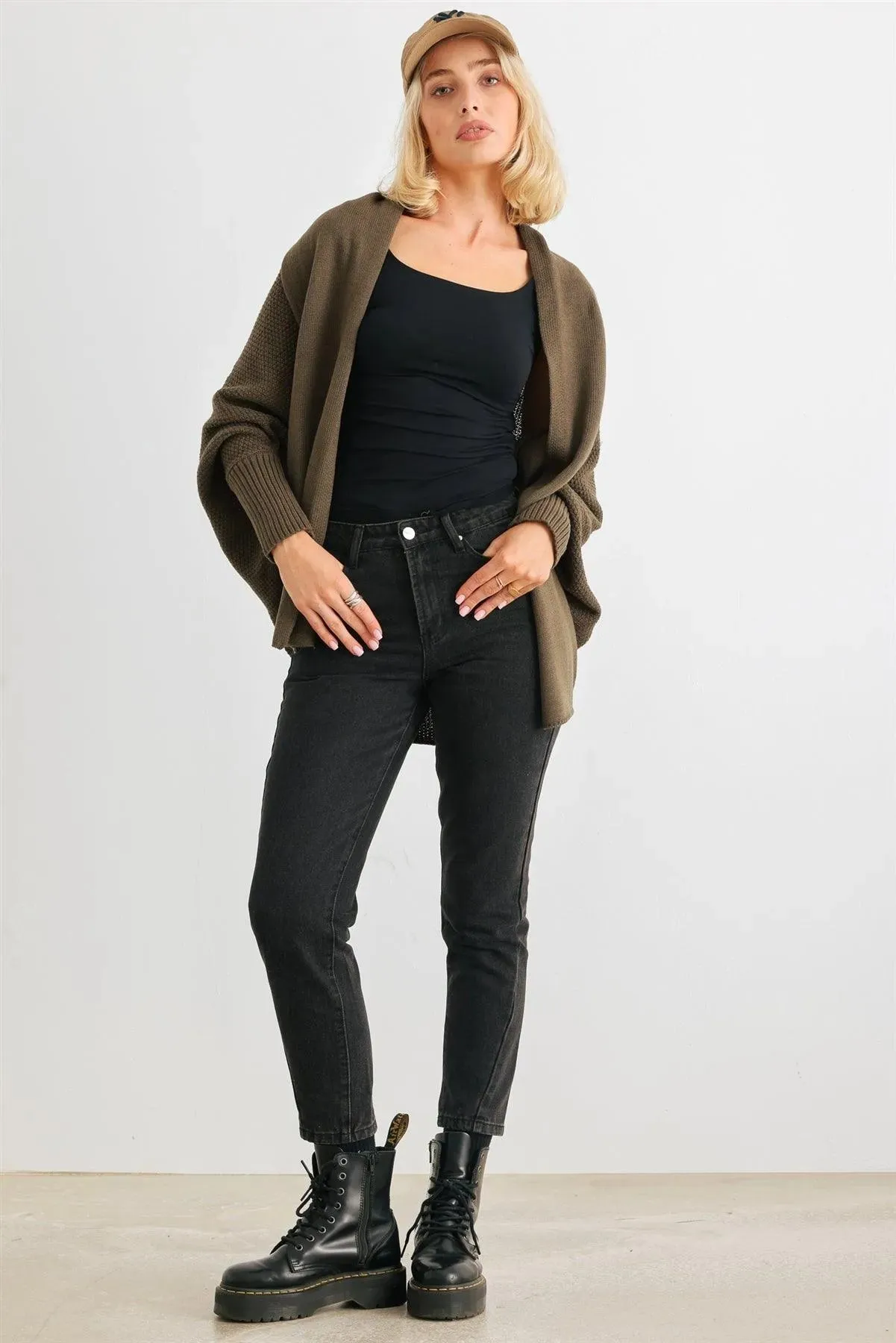 Olive Knit Batwing Sleeve Open Front Cardigan