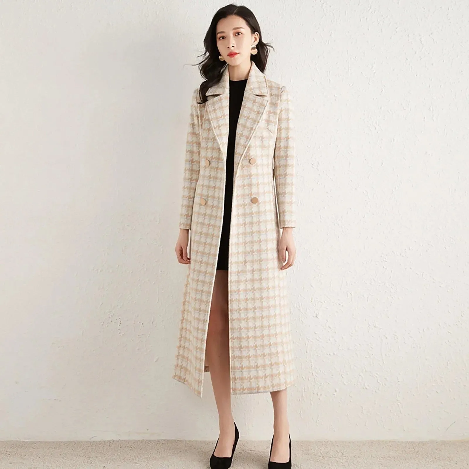 Plaid Double Breasted Wool Blend Long Coat