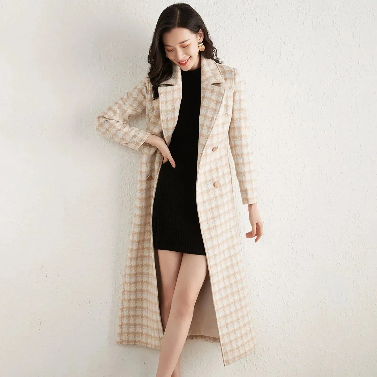 Plaid Double Breasted Wool Blend Long Coat