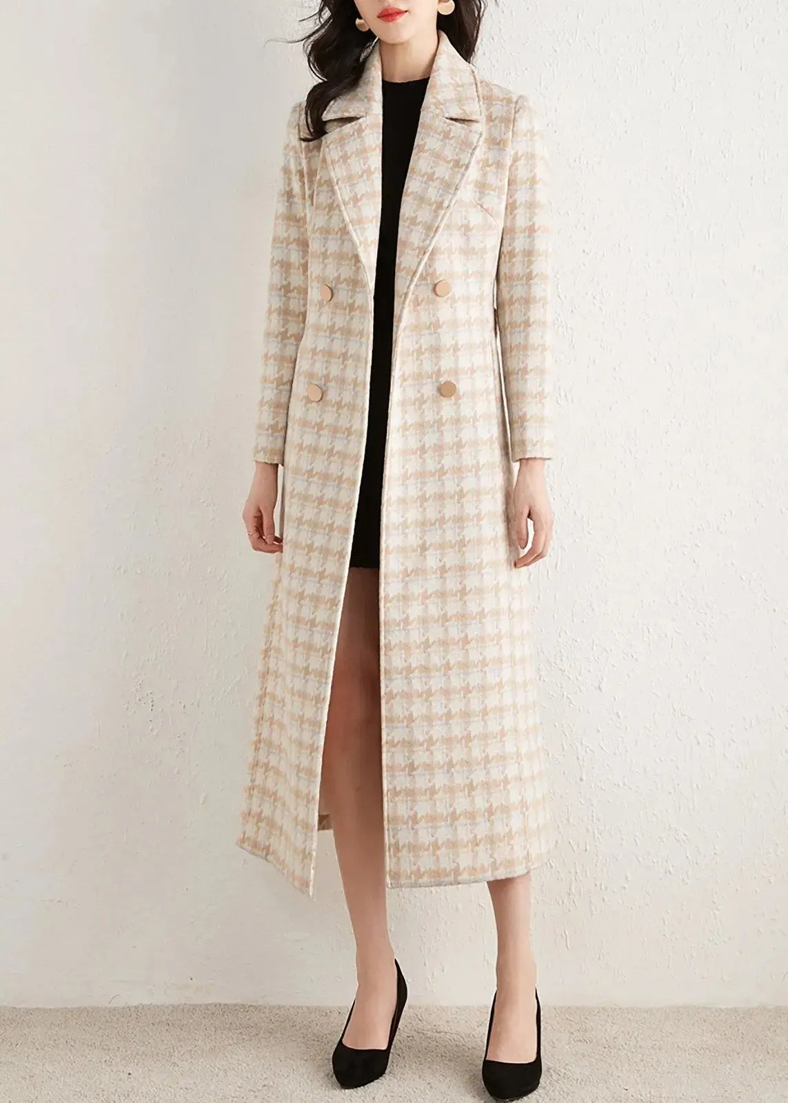 Plaid Double Breasted Wool Blend Long Coat