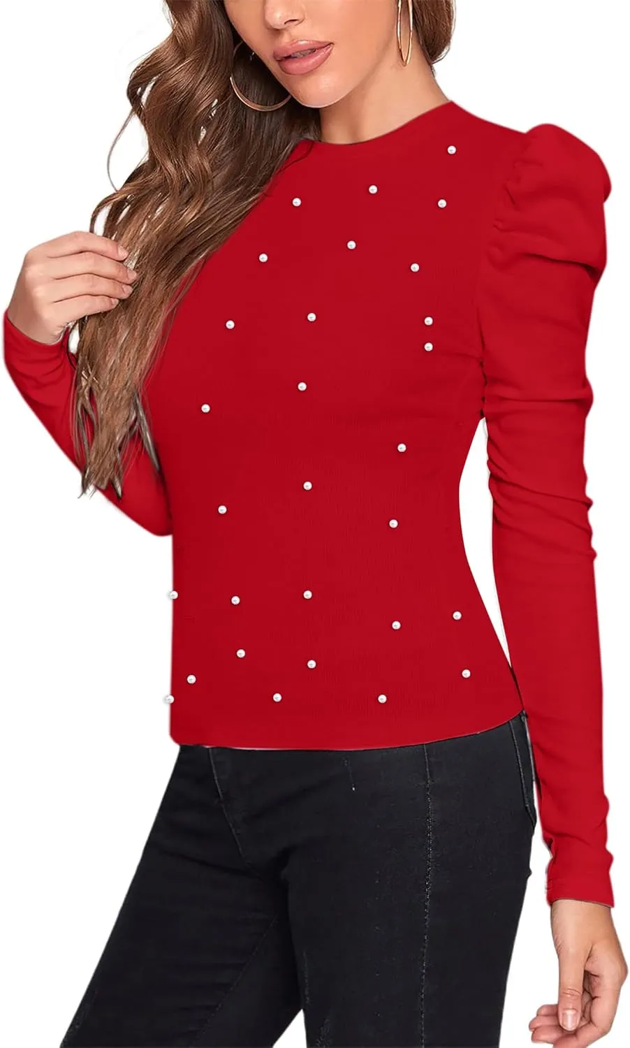 Remidoo Women's Solid Round Neck Puff Long Sleeve Slim Fit T Shirt Tops
