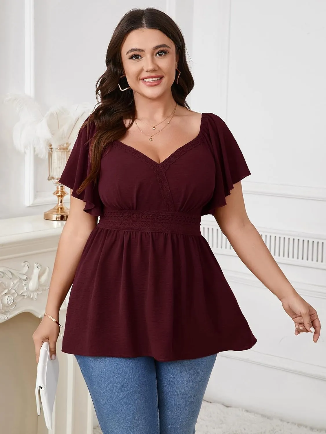 SCOMCHIC Women's Plus Size Peplum Tops Lace Trim Boho Wrap V Neck Short Sleeve Summer Blouses Flowy Babydoll Top Shirts