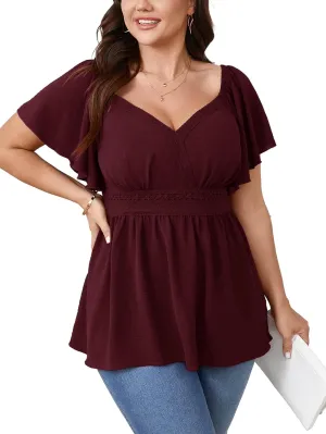 SCOMCHIC Women's Plus Size Peplum Tops Lace Trim Boho Wrap V Neck Short Sleeve Summer Blouses Flowy Babydoll Top Shirts