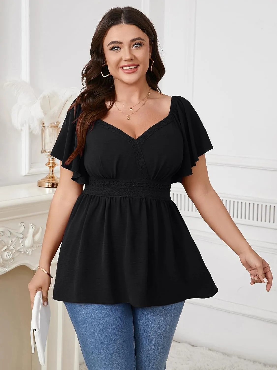 SCOMCHIC Women's Plus Size Peplum Tops Lace Trim Boho Wrap V Neck Short Sleeve Summer Blouses Flowy Babydoll Top Shirts