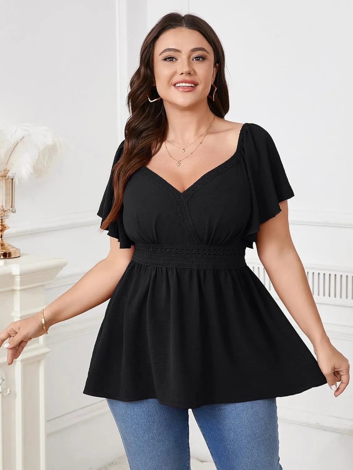 SCOMCHIC Women's Plus Size Peplum Tops Lace Trim Boho Wrap V Neck Short Sleeve Summer Blouses Flowy Babydoll Top Shirts