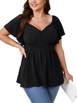 SCOMCHIC Women's Plus Size Peplum Tops Lace Trim Boho Wrap V Neck Short Sleeve Summer Blouses Flowy Babydoll Top Shirts