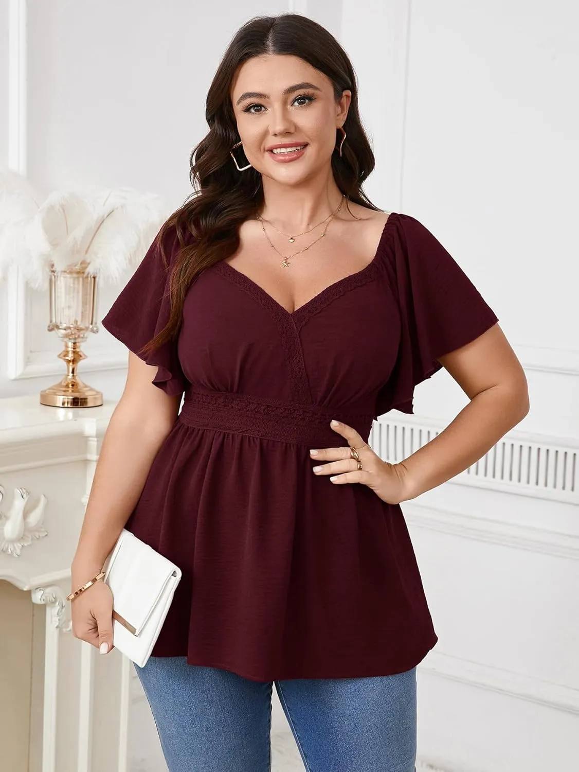 SCOMCHIC Women's Plus Size Peplum Tops Lace Trim Boho Wrap V Neck Short Sleeve Summer Blouses Flowy Babydoll Top Shirts