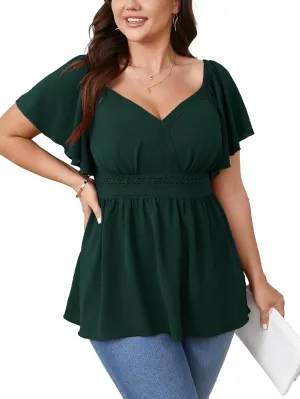 SCOMCHIC Women's Plus Size Peplum Tops Lace Trim Boho Wrap V Neck Short Sleeve Summer Blouses Flowy Babydoll Top Shirts
