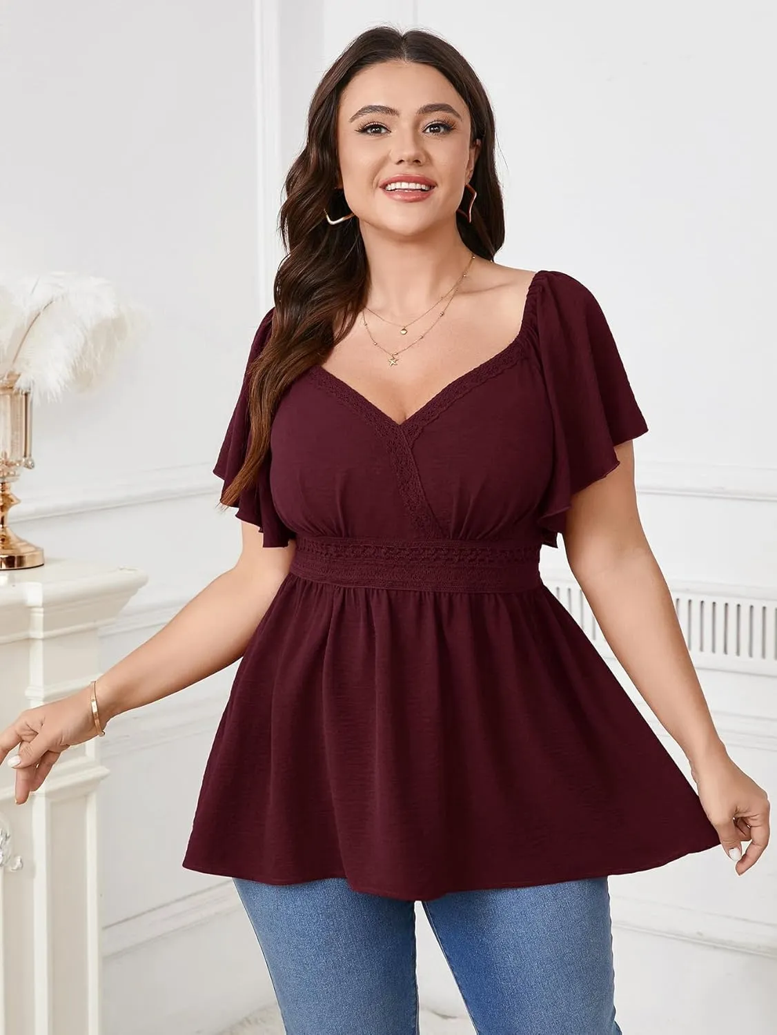 SCOMCHIC Women's Plus Size Peplum Tops Lace Trim Boho Wrap V Neck Short Sleeve Summer Blouses Flowy Babydoll Top Shirts
