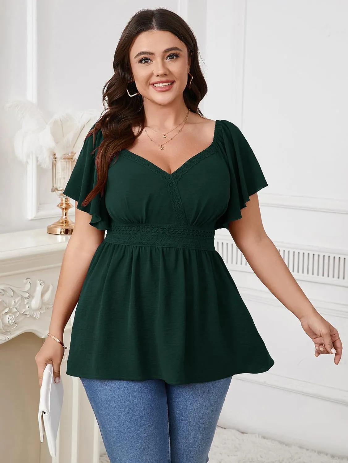 SCOMCHIC Women's Plus Size Peplum Tops Lace Trim Boho Wrap V Neck Short Sleeve Summer Blouses Flowy Babydoll Top Shirts