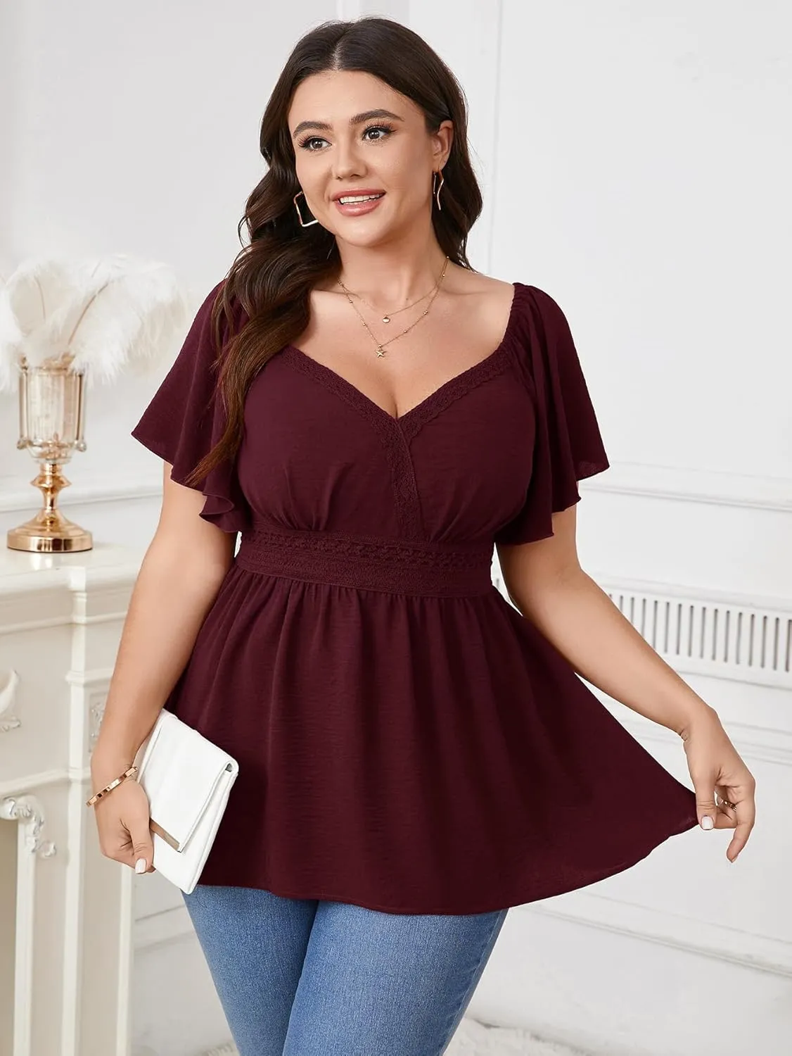SCOMCHIC Women's Plus Size Peplum Tops Lace Trim Boho Wrap V Neck Short Sleeve Summer Blouses Flowy Babydoll Top Shirts