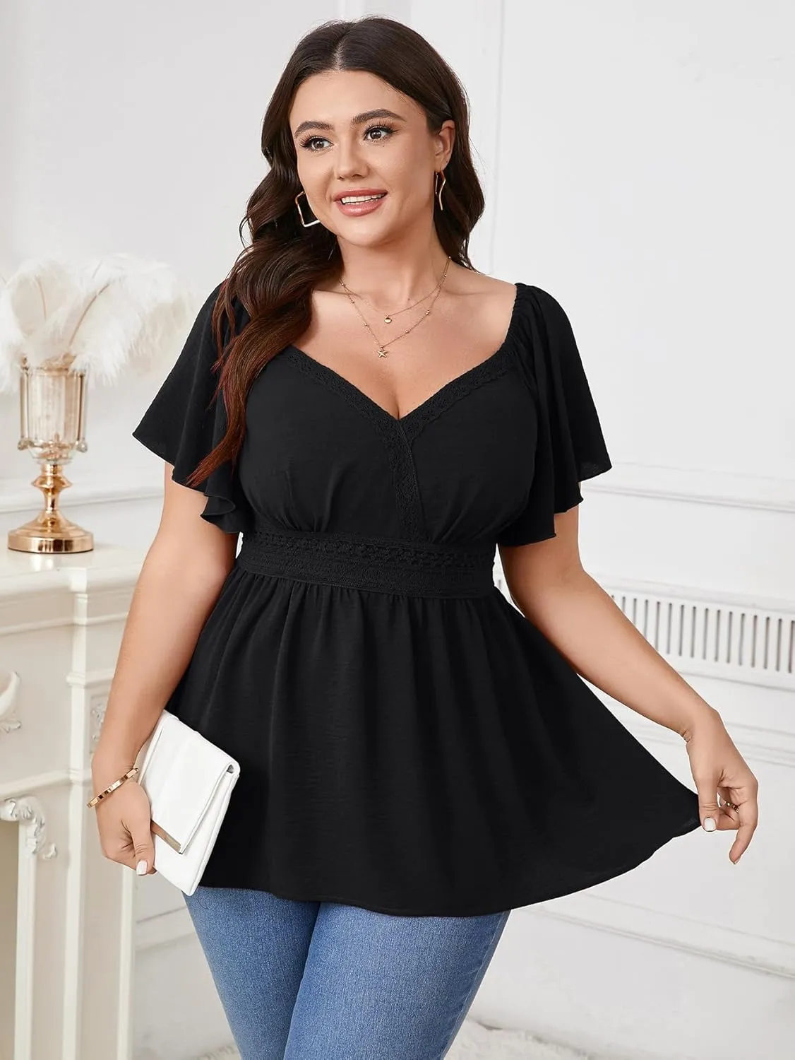 SCOMCHIC Women's Plus Size Peplum Tops Lace Trim Boho Wrap V Neck Short Sleeve Summer Blouses Flowy Babydoll Top Shirts