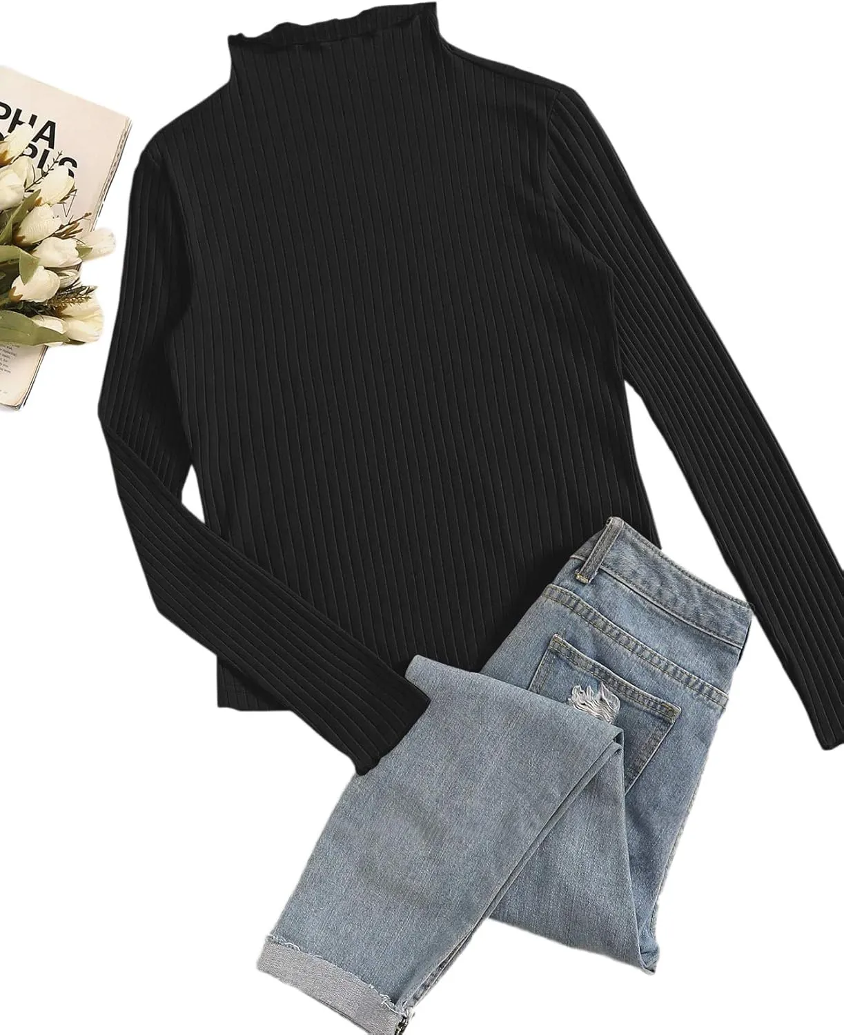 SweatyRocks Women's Casual High Neck Long Sleeve Ribbed Tee Slim Fit Stretch Striped Knit T Shirts