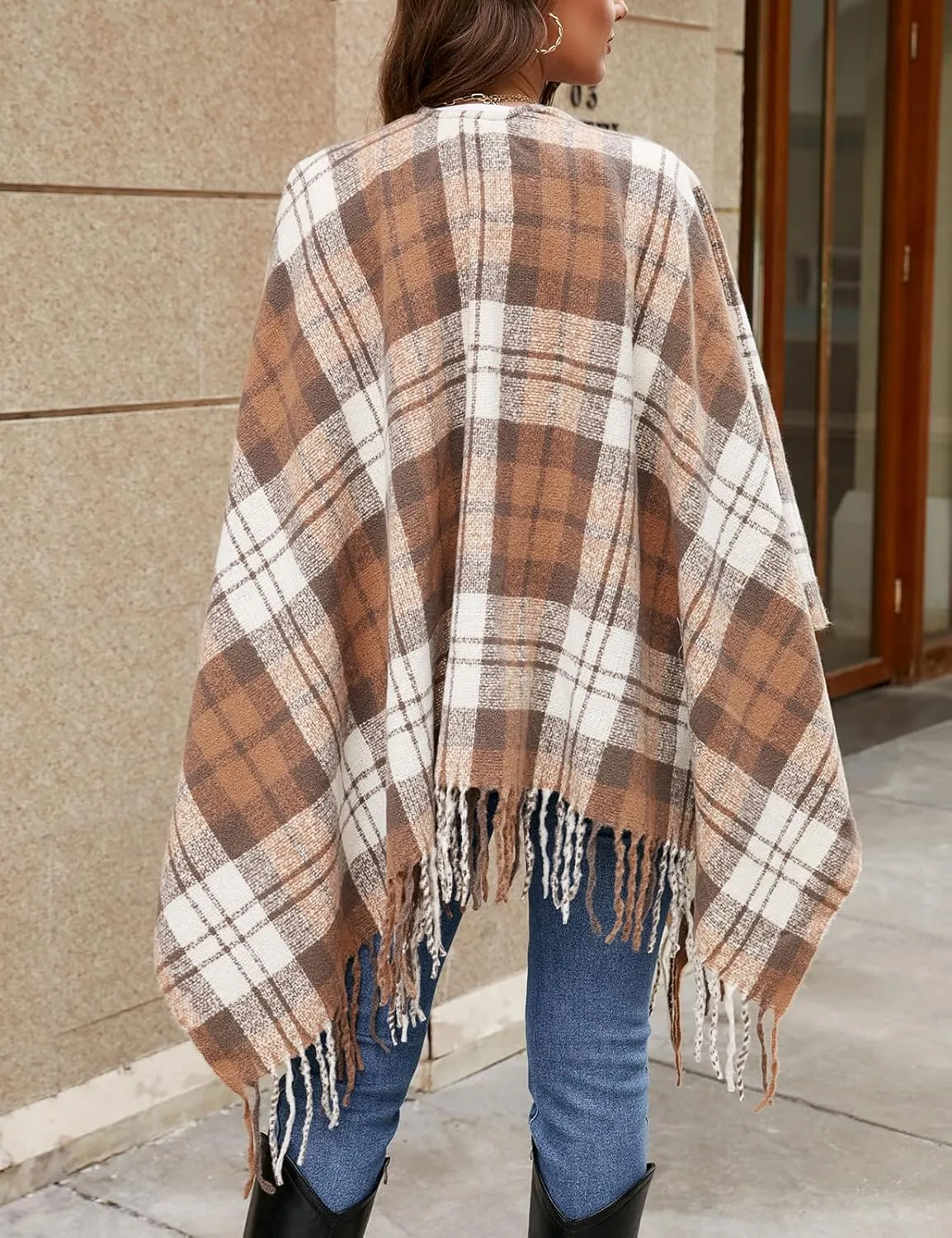 VIMPUNEC Women Boho Buffalo Plaid Poncho Pashmina Shawl Wrap Cape Sweater Knitting Cardigan with Tassel