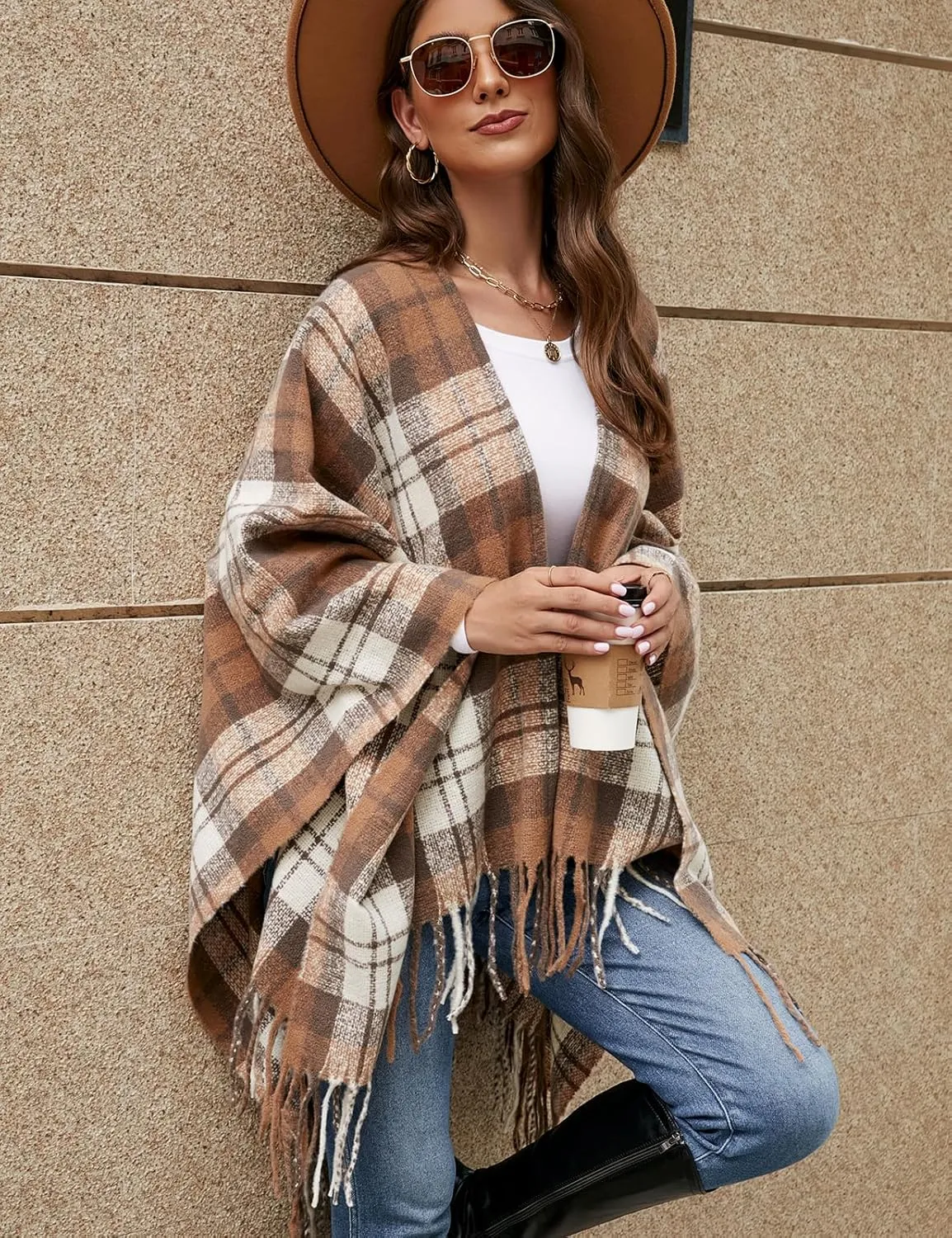 VIMPUNEC Women Boho Buffalo Plaid Poncho Pashmina Shawl Wrap Cape Sweater Knitting Cardigan with Tassel