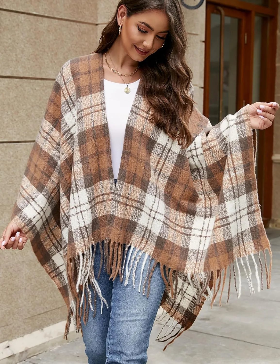 VIMPUNEC Women Boho Buffalo Plaid Poncho Pashmina Shawl Wrap Cape Sweater Knitting Cardigan with Tassel