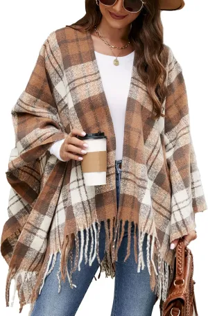 VIMPUNEC Women Boho Buffalo Plaid Poncho Pashmina Shawl Wrap Cape Sweater Knitting Cardigan with Tassel